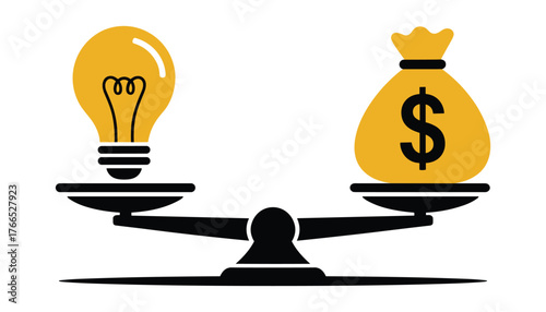 Yellow light bulb and money bag balanced on black scales weighing idea