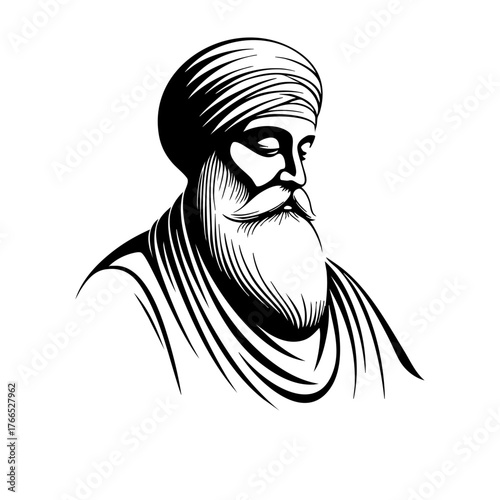Guru Nanak Dev Ji Line Art Illustration in Black and White Style
