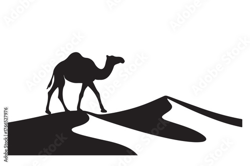 A silhouette illustration of a wild camel mammal running in the desert, like a black horse or donkey animal