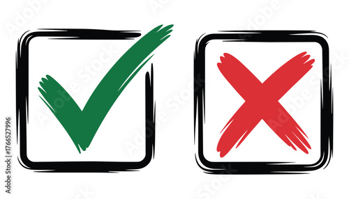 Green checkmark in black square and red x mark in black square check mark correct
