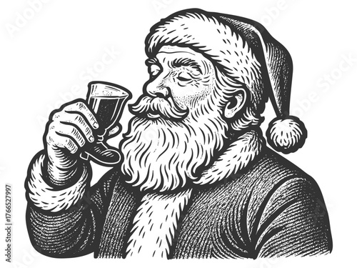 Santa Claus enjoying a festive drink from a decorated mug, evoking cozy holiday vibes sketch engraving generative ai fictional character vector illustration. Scratch board imitation. Black and white.