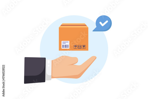 vector illustration of A hand presents a cardboard package with shipping icons, conveying trust, secure handling, and reliable delivery. Great for ecommerce, logistics, and customer service themes.