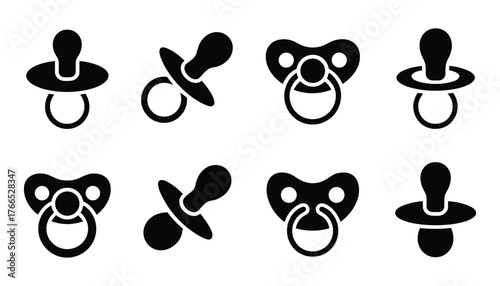 Black baby pacifier icons in various orientations on white background infant nipple