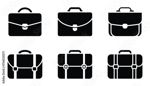 Six black briefcase icons arranged in two rows on a white background luggage portfolio