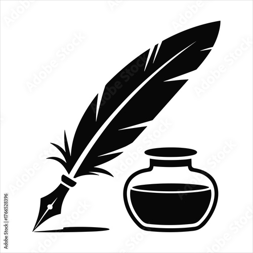 Black quill pen and inkwell on white background vector illustration writing instrument