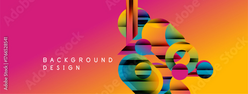 Vibrant abstract design. Colorful circles, rectangles overlap creating dynamic visual effect. Gradient background transitions from pink to orange.