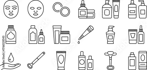 Collection of Skin Care Product Icons Beauty Routine Essentials and Personal Care Concepts in Black and White
