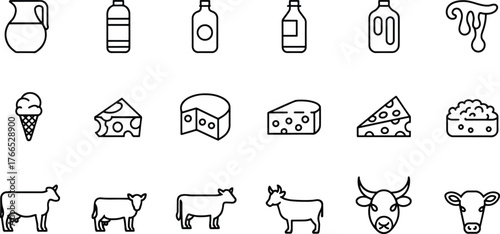 Dairy Products Vector Icon Set Isolated on White Background Food and Farm Industry Concept Minimalist Black Outline Design