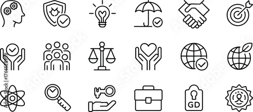 Diverse Line Icons Set Representing Business Concepts and Core Values with Unique Designs for Modern Presentations