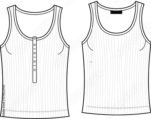 Fashion sketch, sleeveless top, scoop neck, ribbed texture, button placket, technical drawing, apparel design, garment template, vector outline, clothing mockup