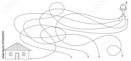 Black and white line art maze illustration featuring a confused person on the right trying to find the correct path leading to a house on the left
