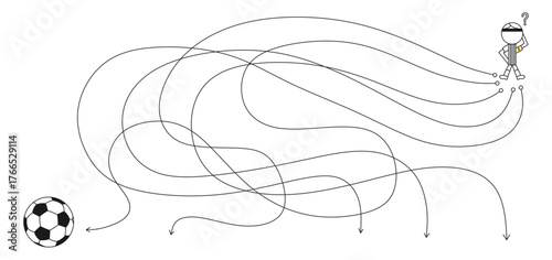 Black and white line art maze illustration showing a confused stick figure referee on the right trying to find the correct path leading to a soccer ball on the left