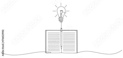Minimalist black and white line art illustration showing an open notebook with lined pages and a pencil standing vertically in the center