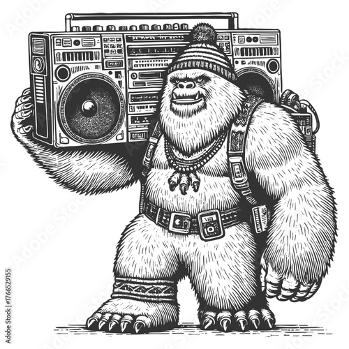 smiling yeti wearing sunglasses and carrying a large boombox on its shoulder sketch engraving generative ai fictional character vector illustration. Scratch board imitation. Black and white image.