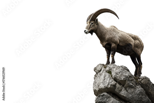 White mountain goat standing on rocky terrain isolated on transparent background. Mountain goat isolated on white background.