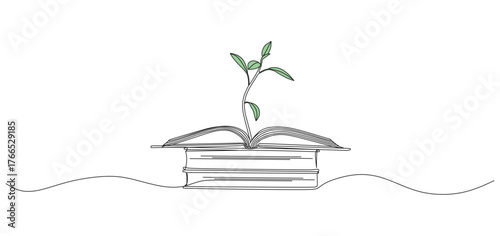 Minimalist line art illustration of an open book with a green plant sprouting from its pages, symbolizing growth, knowledge, education, and sustainability