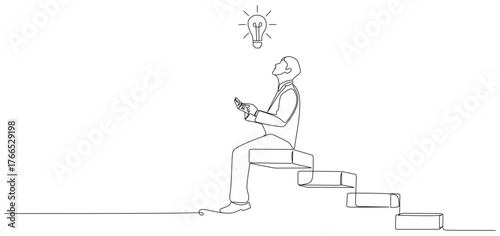 Minimalist black and white line art illustration of a man sitting on a staircase made of books, holding a smartphone, with a glowing light bulb above his head