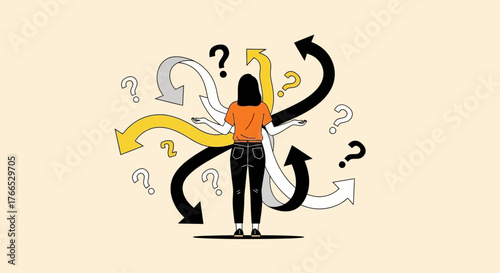 Confused Person Surrounded by Arrows and Question Marks Navigating Decisions