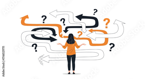 Navigating Decisions A Person Facing Confusing Choices Represented by Arrows and Question Marks