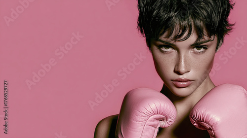 Portrait of a powerful young woman with a determined expression wearing pink boxing gloves against a matching pink background. Ready to fight!