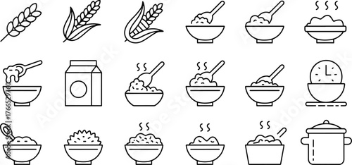 Oatmeal Breakfast Icons Vector Set Representing Healthy and Nutritious Morning Meal Options in Simple Line Art