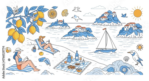 Coastal Getaway Illustration Relaxing Beach Picnic Scene with Lemon Trees