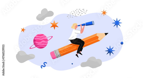 Creative Vision Woman on Pencil Rocket with Telescope in Space