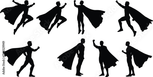 Superhero silhouette, flying hero pose, cape action figure, comic book character, strong man power stance, fantasy hero icon, dynamic action illustration, vector design