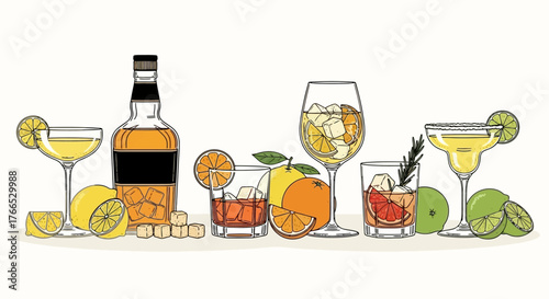 Diverse Cocktails and Citrus Fruits Illustration