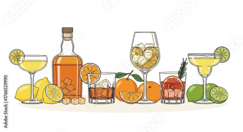 Colorful array of cocktails and citrus fruits illustration