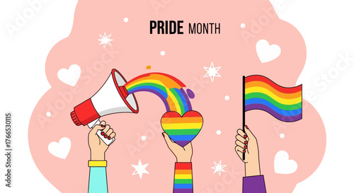 Pride Month Celebration Rainbow Heart, Flag, and Megaphone Vector Illustration