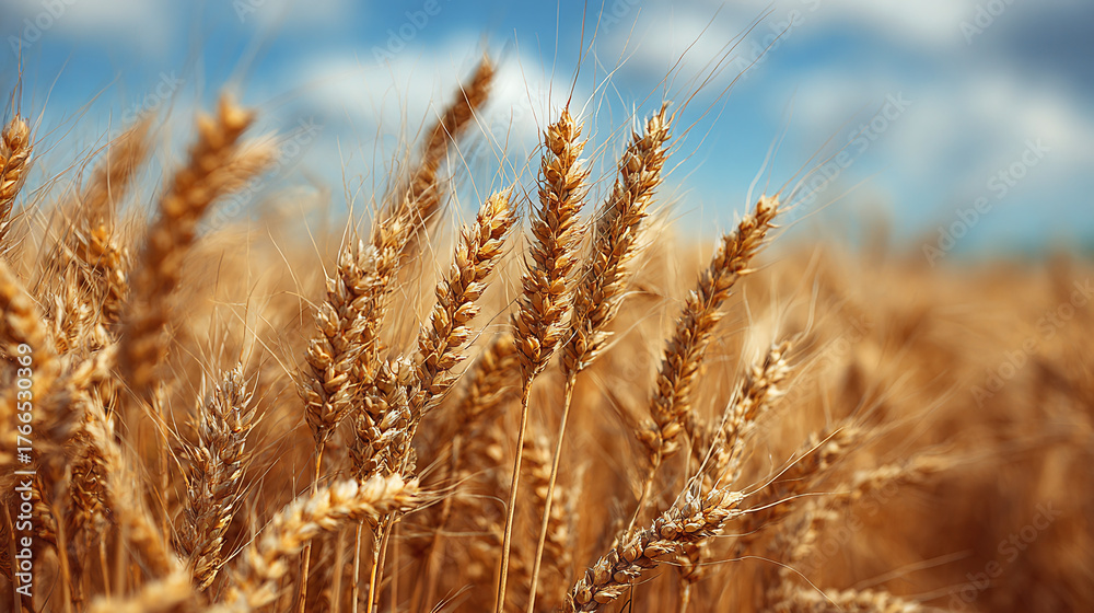 Fototapeta premium Golden wheat field swaying gently under a bright sky. The ripened grain offers a beautiful contrast of gold and blue in rural farmland.