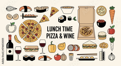 Pizza and Wine Lunch Time with Assorted Sushi and Fresh Food