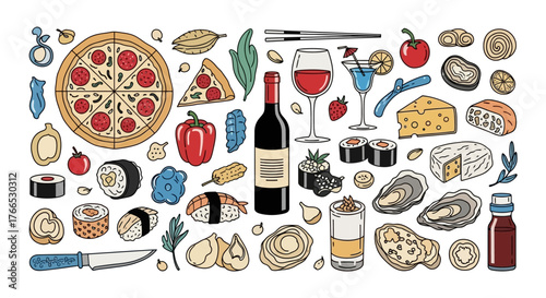 Culinary Adventure Diverse Food & Drink Flat Lay Illustration