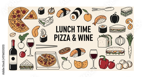 Lunchtime Treats Pizza, Wine, and Delicious Food Illustrations