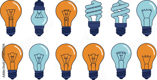 Modern light bulb illustration set, colorful incandescent and fluorescent lamp icons, energy saving design collection, creative electricity symbol, glowing filament shapes, vector isolated graphic
