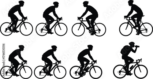 Cyclist silhouette collection, bicycle rider vector set, sports activity illustration, cycling posture design, fitness lifestyle graphic, transportation symbol, 