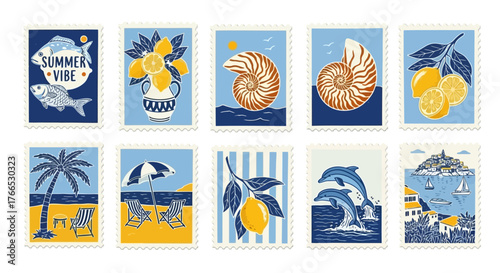 Summer Memories A Collection of Vacation-Themed Postage Stamp Illustrations