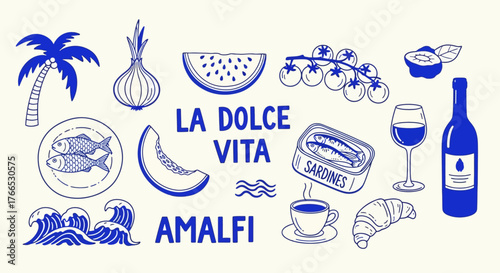 Amalfi Coast Delights Iconic Symbols of 'La Dolce Vita' in Vector Illustration