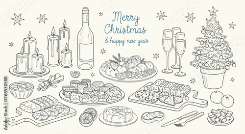 Festive Christmas Feast Holiday Food & Drink Outline Illustration