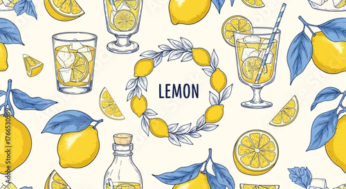Refreshing Lemon Beverage Illustration with Floral Wreath Design