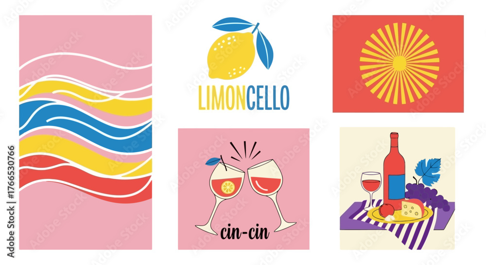 Naklejka premium Vibrant Food and Drink Illustrations Lemon, Wine, and Celebration