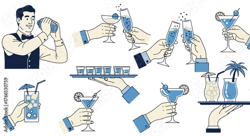 Cocktail Celebration Bartender & Festive Drinks Illustrations