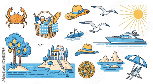 Summer Vacation Icons Beach, Island, and Nautical Adventures