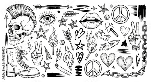 Collection of Punk Rock Inspired Illustrations Skull, Boot, and Peace Sign