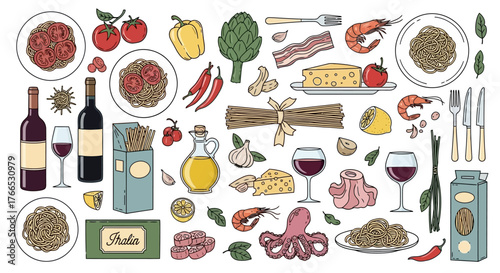 Illustration of Italian Food Ingredients Pasta, Seafood, Vegetables and Wine