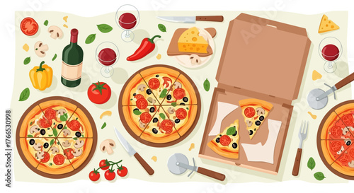 Pizza Feast A Delicious Italian Food Celebration with Wine and Fresh Ingredients