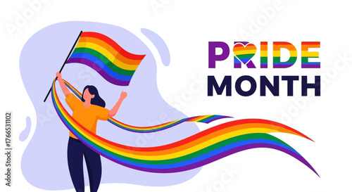 Celebrate Pride Month Woman Holding Rainbow Flag for LGBTQ+ Equality