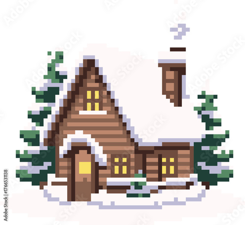 pixel illustration of snowy log cabin in winter forest