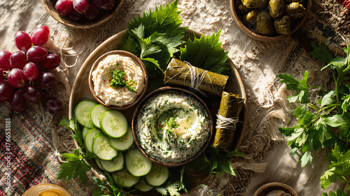 Overhead shot of a wooden platter with various Mediterranean appetizers.